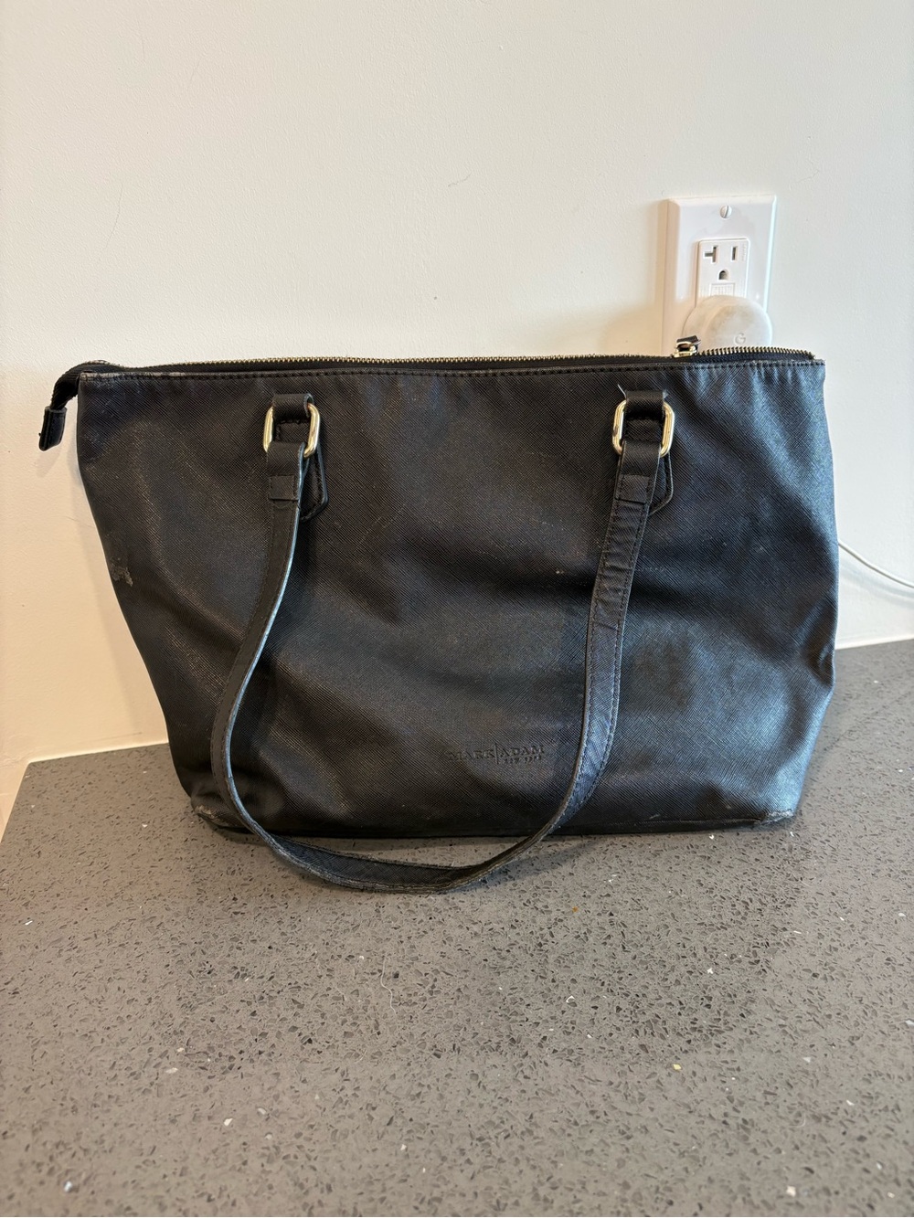 Black Leather Tote Bag with Zip Closure